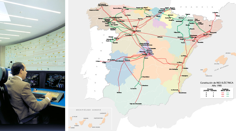 Primer panel del centro de control de Red Eléctrica en Madrid. Mapa de la red de transporte en 1985.