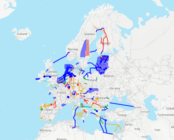 Mapa 4 proyectos de interconexión (tres interconexiones con Francia y una con Portugal) y 6 proyectos de almacenamiento.