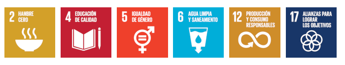 Imagen de los seis iconos de los Objetivos de Desarrollo Sostenible de relevancia media, que son, por este orden: Hambre Cero, Educación de calidad, Igualdad de Género, Agua limpia y saneamiento, Producción y consumo responsables y Alianzas para lograrlos objetivos