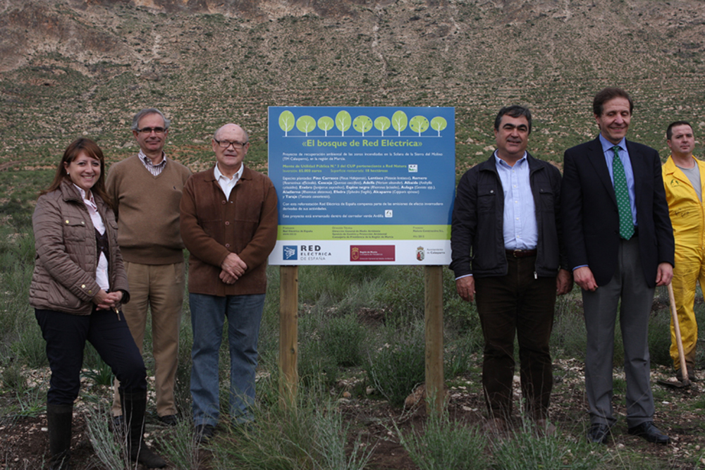 La delegada de Red Eléctrica en Levante, Maite Vela; el director de Medio Ambiente de Red Eléctrica, Eduardo Ramos; y el director general de Medio Ambiente de la Región de Murcia, Amador López, en un momento de la visita a los trabajos de reforestación de la sierra del Molino