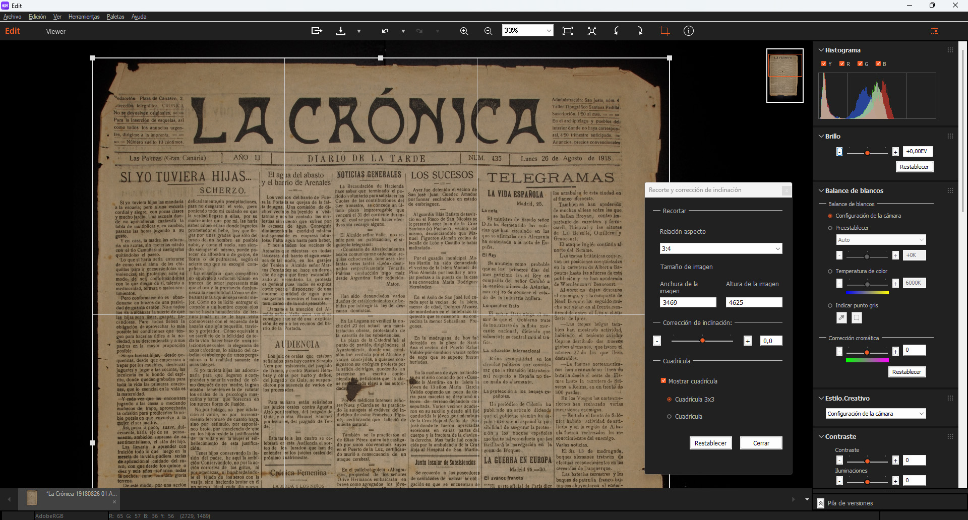 ‘La Crónica’ newspaper, page August 26,1918, during the digitalization proccess.