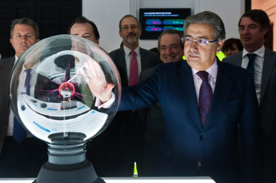 Officials at one of the lab tables on the opening day of the exhibit.