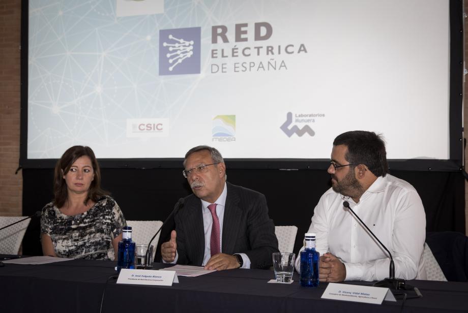 De izquierda a derecha, Francina Armengol, presidenta del Gobierno balear; José Folgado, presidente de Red Eléctrica, y Vicenç Vidal, consejero de Medio Ambiente, Agricultura y Pesca, durante la presentación del proyecto.